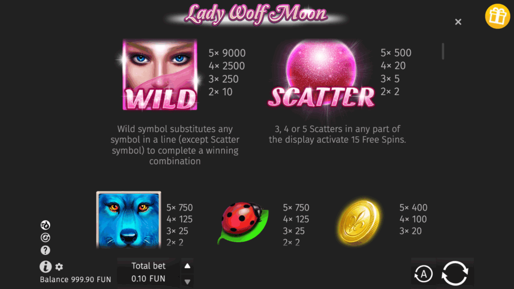 Lady Wolf Moon paytable